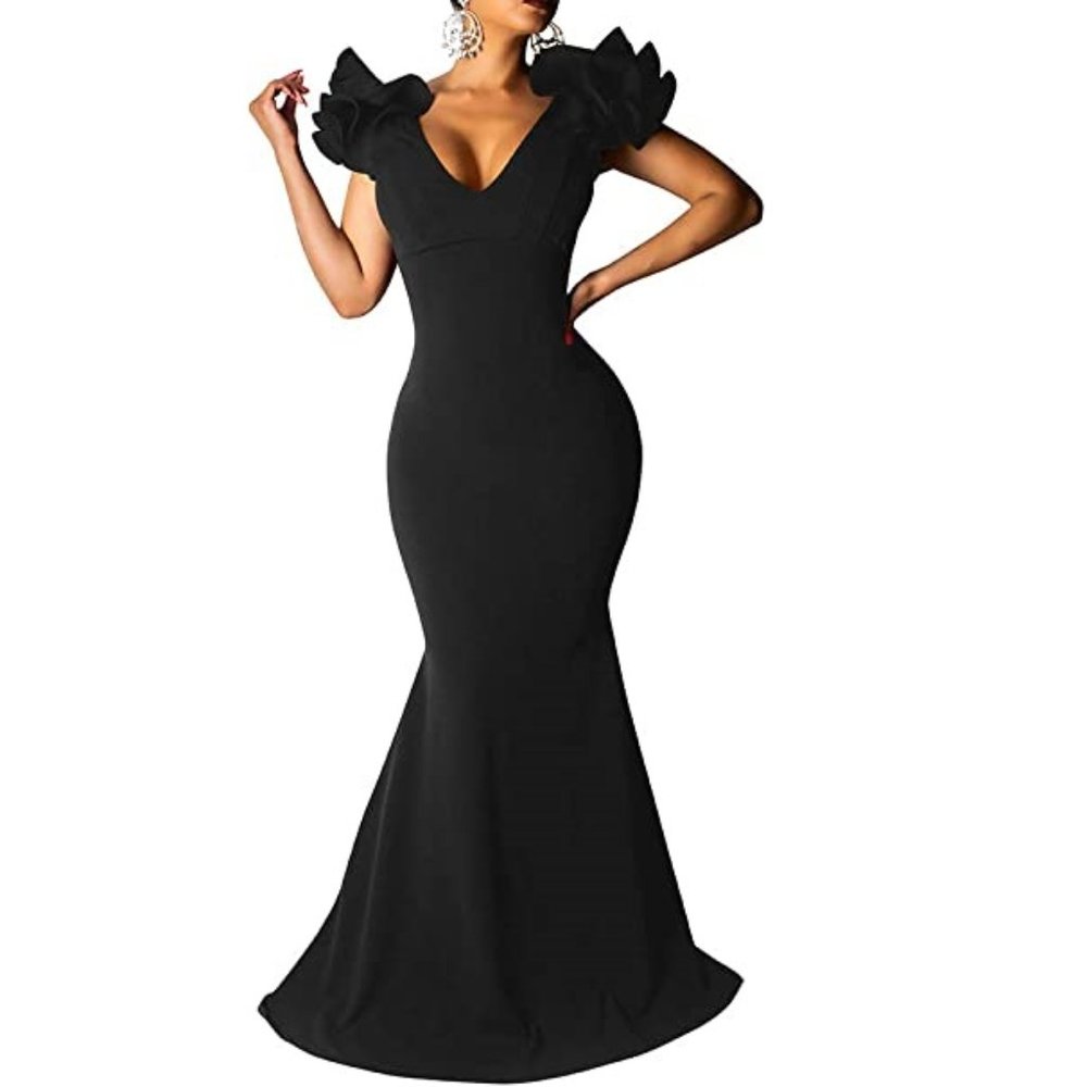 Black V-Neck Formal Evening Gown w/ Ruffle Shoulders